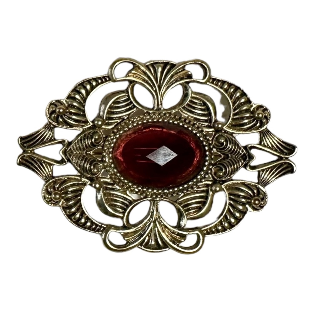 Vintage Antique Retro Victorian Look Brooch Faux Red Stone 2 1/4” Open Work Pin